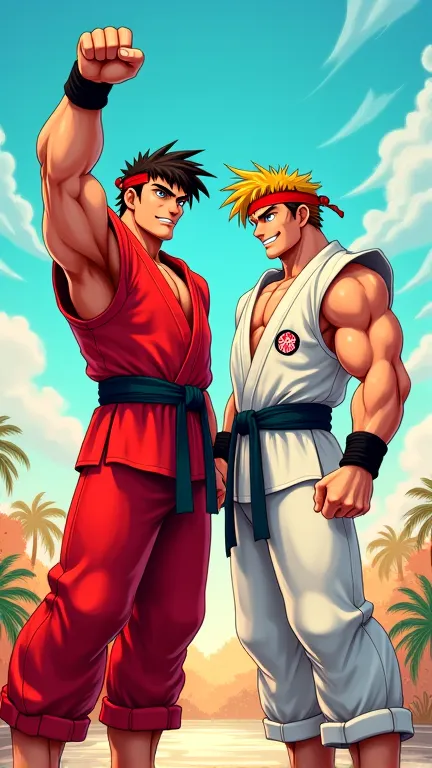 Create Ryu next to Ken in cartoon format with one hand in the air celebrating 