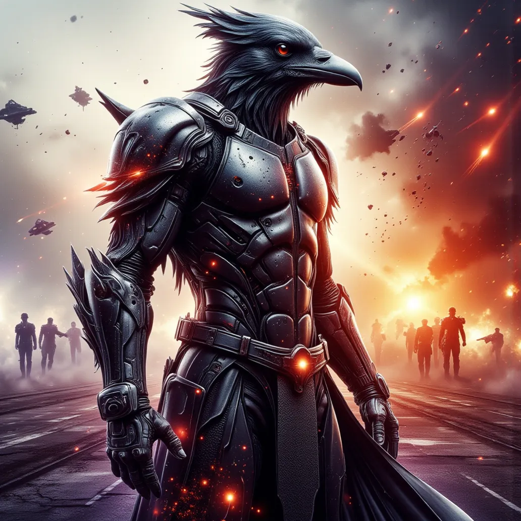 double exposure style, Prospect: Anthropomorphic Crow soldier donned in black modern combat armor. Silhouette: Space battle, soldiers and starships, the name "MAB" included. colorful, Dynamic Pose, Dynamic contrast ,Silhouette intensity strong, Double expo...