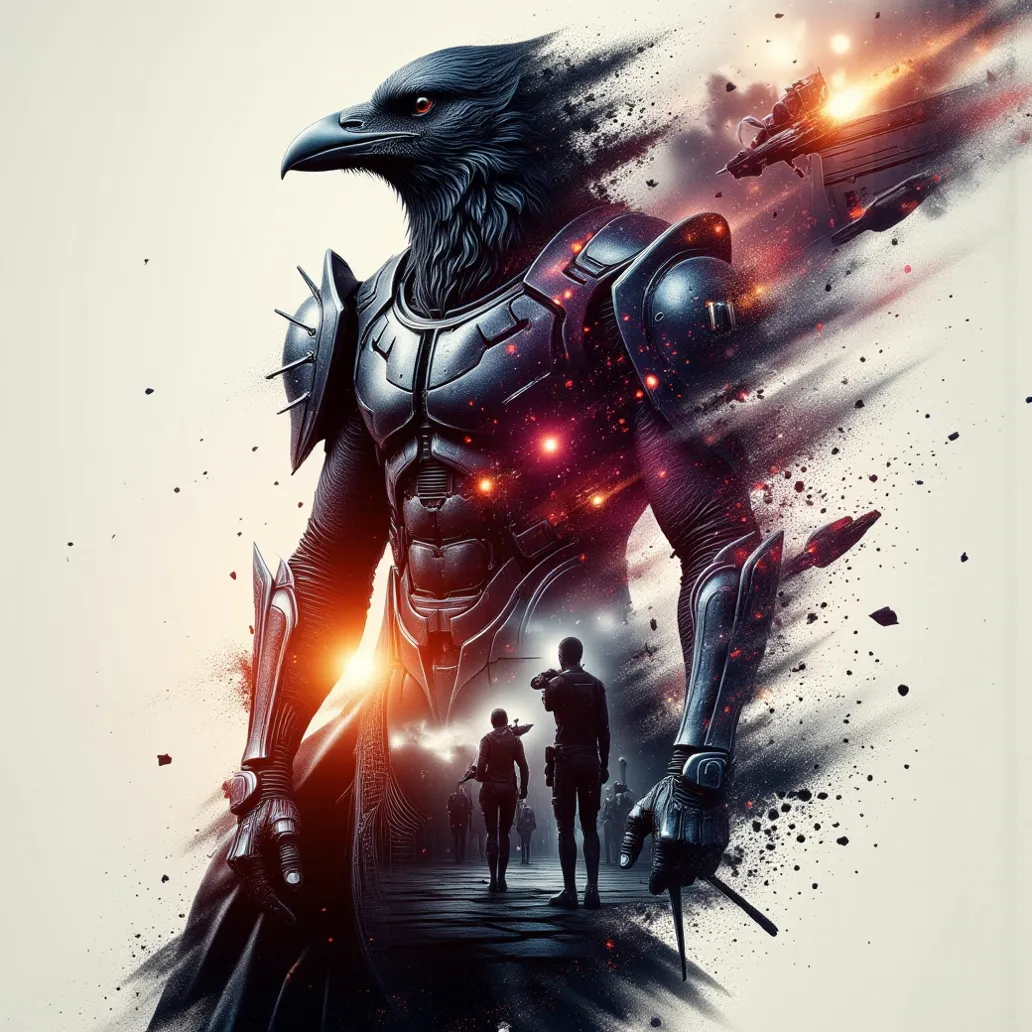 double exposure style, Prospect: Anthropomorphic Crow soldier donned in black modern combat armor. Silhouette: Space battle, soldiers and starships, the name "MAB" included. colorful, Dynamic Pose, Dynamic contrast ,Silhouette intensity strong, Double expo...