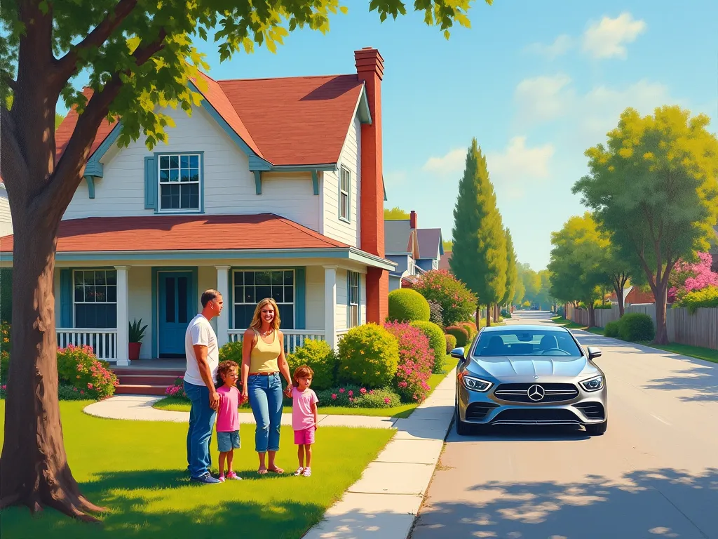 create an image of a house with a car in the garage , a street , And a family in front of the house , Put in the form of painting 