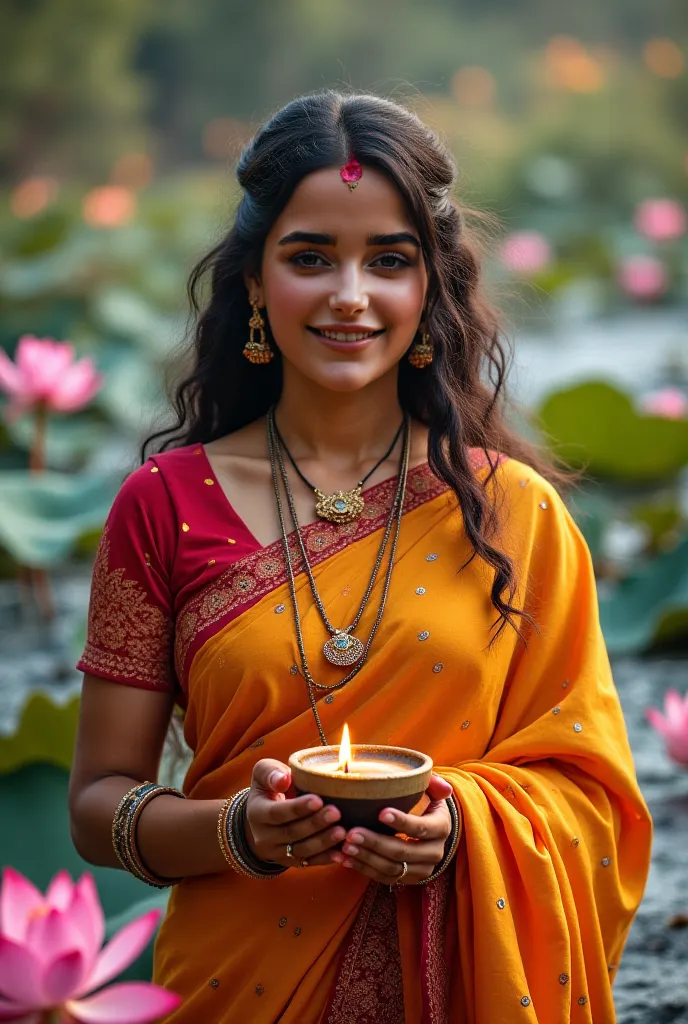 
A 25-year-old Indian Hindu Brahmin woman exuding love, wisdom, and inner strength. She wears a traditional saree with intricate patterns, symbolizing grace and heritage. A diya-like kunkuma adorns her forehead, reflecting devotion and spiritual power. Her...