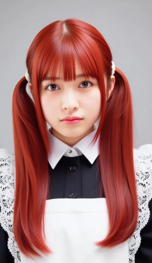    his hairstyle is straight 、long hair that reaches the chest、ponytails for beautiful people、twin tails(The hair is tied in two on the left and right)maid clothes、Bright Red Hair