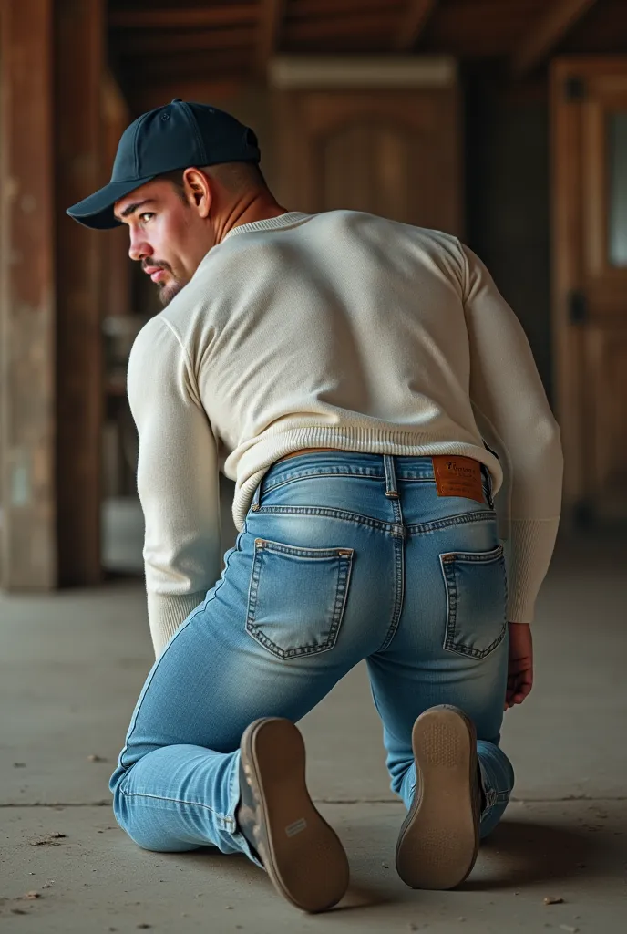 Realistic photograph , 30-year-old muscular (((athletic man))) crawling on the floor nalgon, rostro definido muy similar al de referencia, ojos negros, view from below, in profile, white sweater and tight washed-out light blue levis jeans, stright back, in...