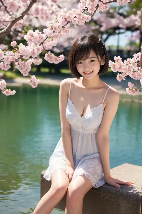 Japanese、cute、female college student、Short Hair、Baby Face、smile、looking at camera、dress、SEE-THROUGH、Sheer pattern、collarbone、 thighs、knees、Cherry blossom trees、 lakeside、Spectacular views、 Sunny