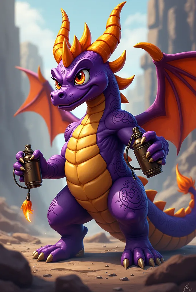 Spyro dessin animé guerrier tatoué RKN avec des grenade

