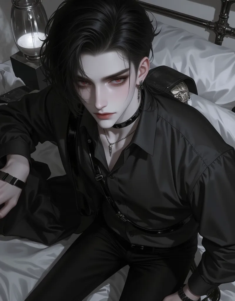 black hair, attractive, adult, delicate face, red eyes, porcelain skin, black hair, wolf cut style, dark circles under his eyes, male, solo, black eyeliner, black choker, long sleeve shirt, black pant, he sitting on the bed, modern gothic bedroom, 1 male 