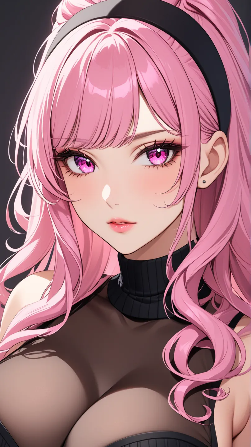 top quality　 Masterpiece 　 high definition 　 Masterpiece 　 pink long hair, curly hair,　　 pink Eyes , big breast, seductive, flirty, blushing, plain backround, no backround, white backround, gyaru, make up, black turtle neck cleavege ,sexy,serious, milky sk...