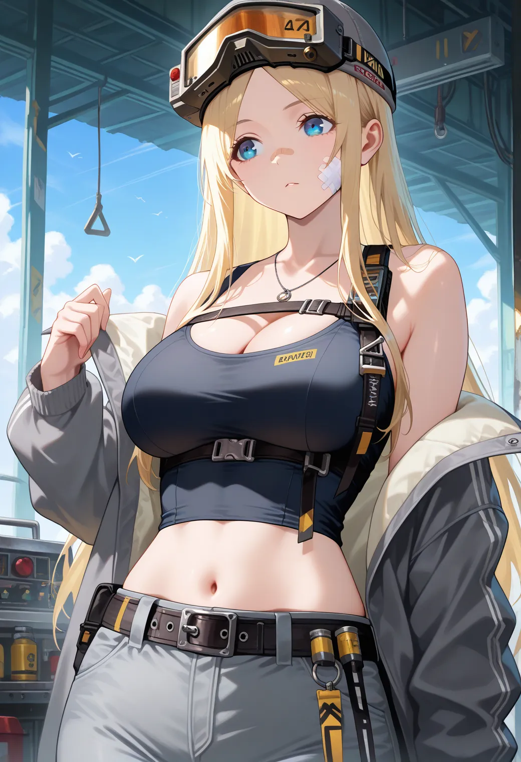 (masterpiece, best quality), fcDetailPortrait, solo, 1girl, centinikkebase, bandaid on face, large breasts, mechanic, workshop.
parted bangs, grey headwear, grey jacket, off shoulder, open jacket, long sleeves, breast strap, cleavage, bare shoulders, neckl...