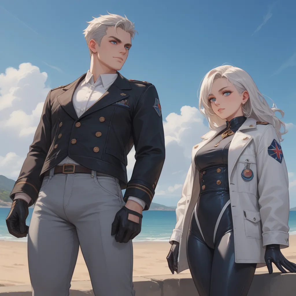   TWO-METER WHITE-HAIRED ROBOT, VERY BURLY, HIS OCEAN BLUE EYES ALMOST ILLUMINATE HIS FACE, HE HAS A WHITE LEATHER JACKET WITH DETAILS IN DIAMOND BLUE, HIS GRAY JEAN PANTS LOOK WORN OUT NEXT TO HIS WHITE MILITARY BOOTS. AND SOME BLACK THIMBLE GLOVES.