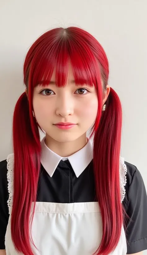    his hairstyle is straight 、long hair that reaches the chest、ponytails for beautiful people、twin tails(The hair is tied in two on the left and right)maid clothes、Bright Red Hair