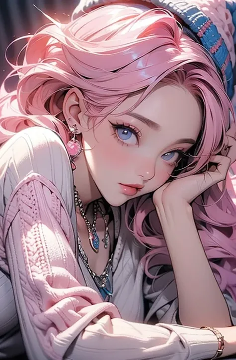 ((    masterpiece   :1.2)).8k.          sexy、     beauty、           yandere    、、      upper face tattoo             、             Christian Dior necklace 、((         pink hair、near MM)).((  )).((     Wizard Cosplay)).((cute knitted hat      )).(( lying do...