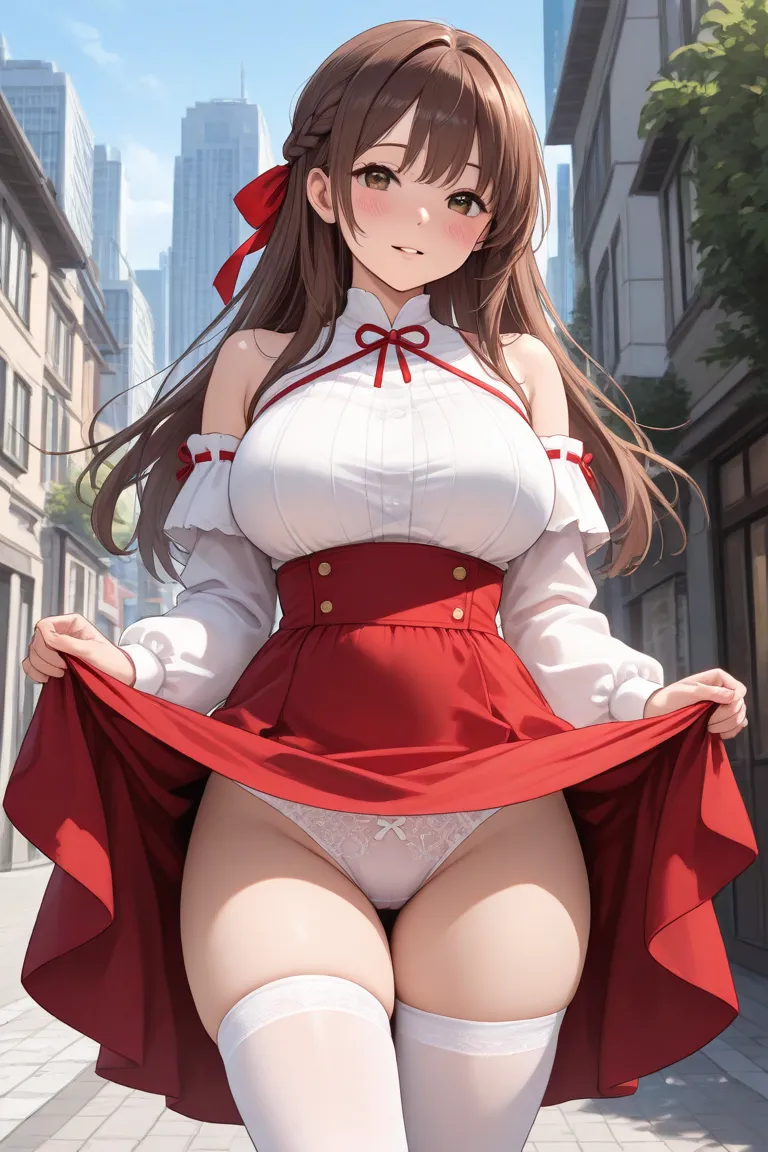 1girl, solo, long hair, looking at viewer, blush, large breasts, brown hair, long sleeves, bare shoulders, brown eyes, standing, underwear, hair ribbon, thighs, outdoors, cowboy shot, parted lips, detached sleeves, sky, day, clothes lift, white thighhighs,...