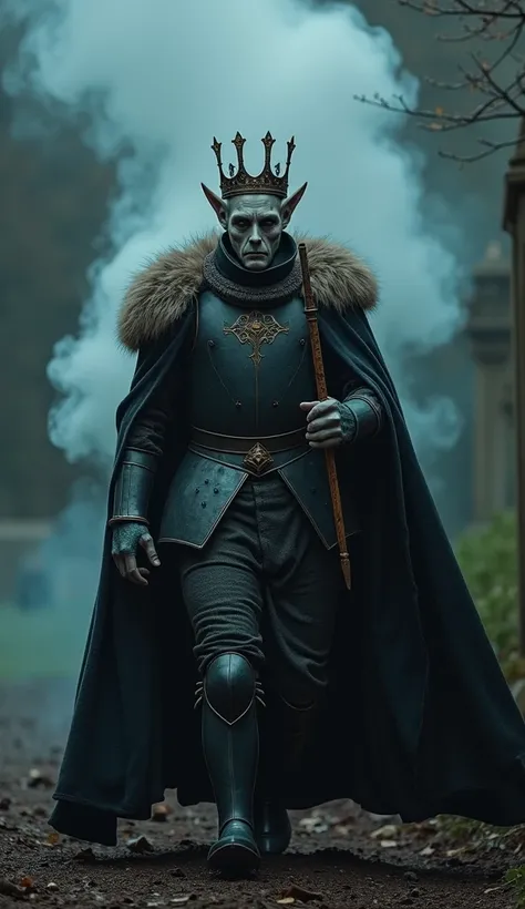 View from front, he look at camera, humanoid monster ((((face withouth nose)))), walking (((()))) wearing ((((medieval king armor and big cape with fur on the collar and a crown inspired by harry potter lore holding a magic wand))), in hogward cimetary (((...