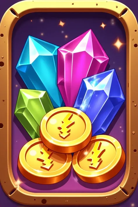 Game icon， material cartoon gems coin lightning coin, gems coin border frame gold，high quality photo, view:front:1