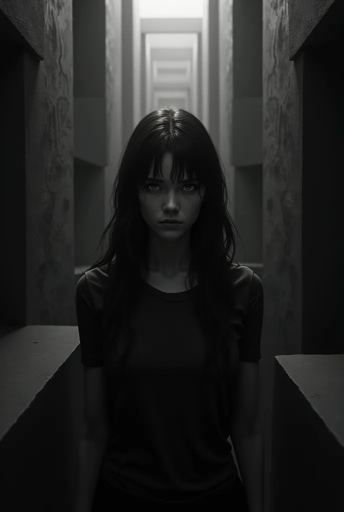 clara (A young adult)  she looks distressed , with shadows lurking around them in the maze.
 in black and white