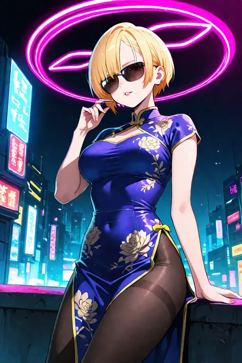 woman　china dress with purple lines on black　tights　Cyberpunk　blonde short hair　sunglasses　 cigarettes　Moth Armament　蛾の意匠　Neon City　bewitching