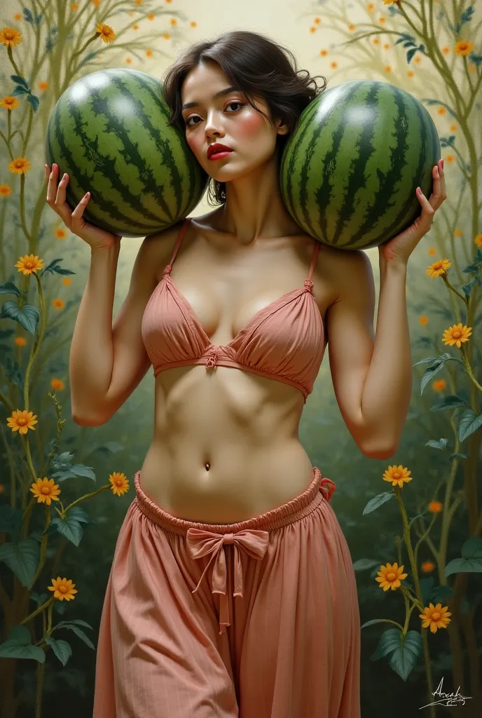 Lady with large watermelons