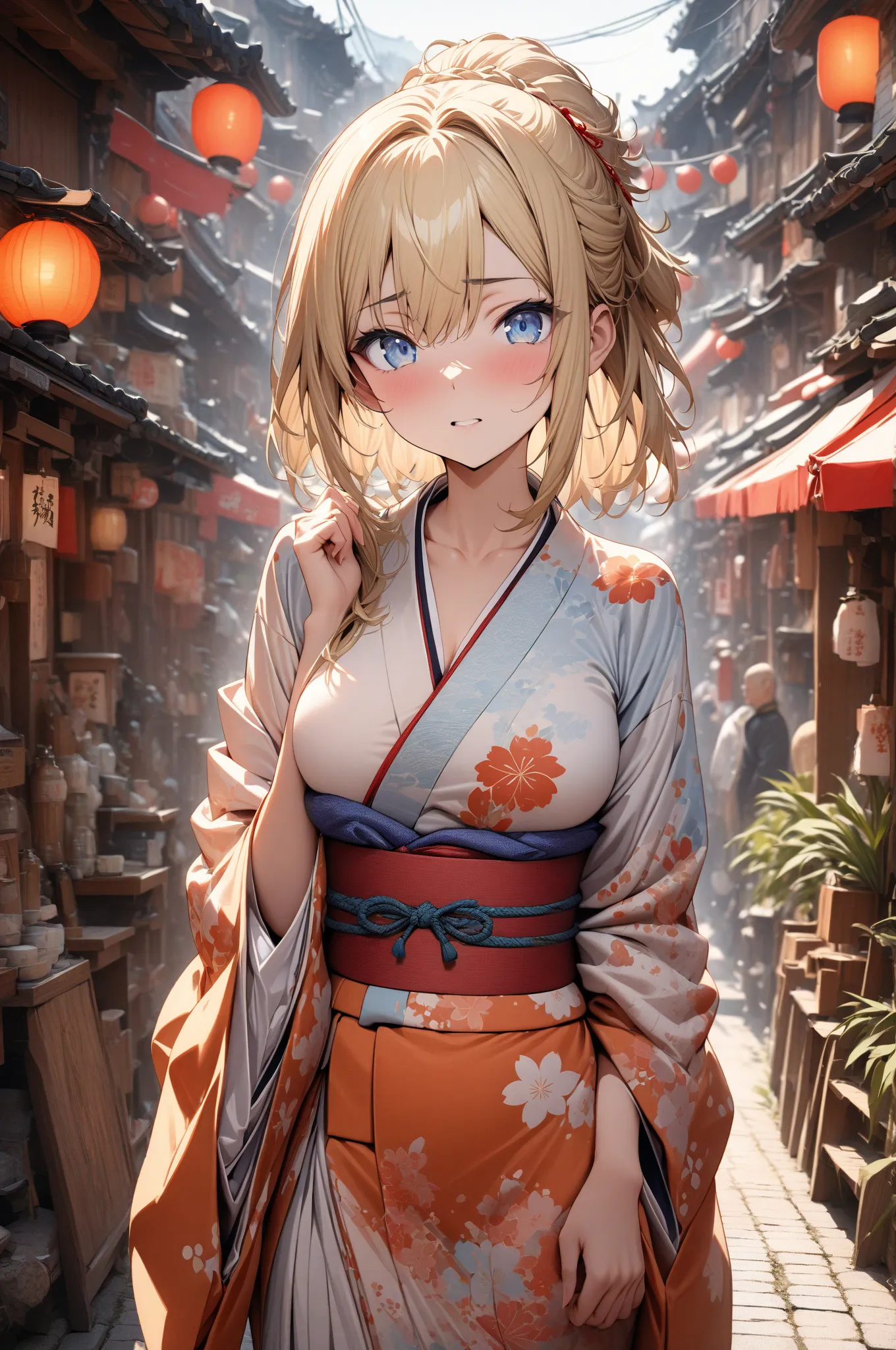 (masterpiece, detailed:1.2), One Girl, (18-years old), blonde one updo, Medium Breasts, sky blue eyes, BREAK, Highest quality, Japanese town, Kimono, from front:1.3,