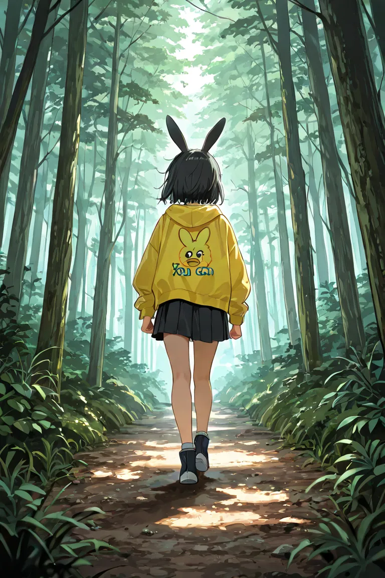 chica, black hair, rabbit ears, full body yellow jacket, walking in a forest you can see only his back