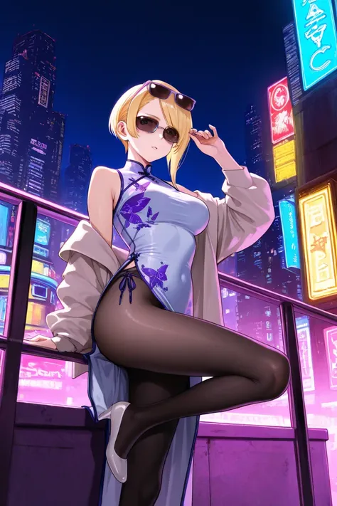 woman　china dress with purple lines on black　tights　Cyberpunk　blonde shorthair　sunglasses　 cigarettes　Armed with moths　蛾の意匠　Neon City　bewitching