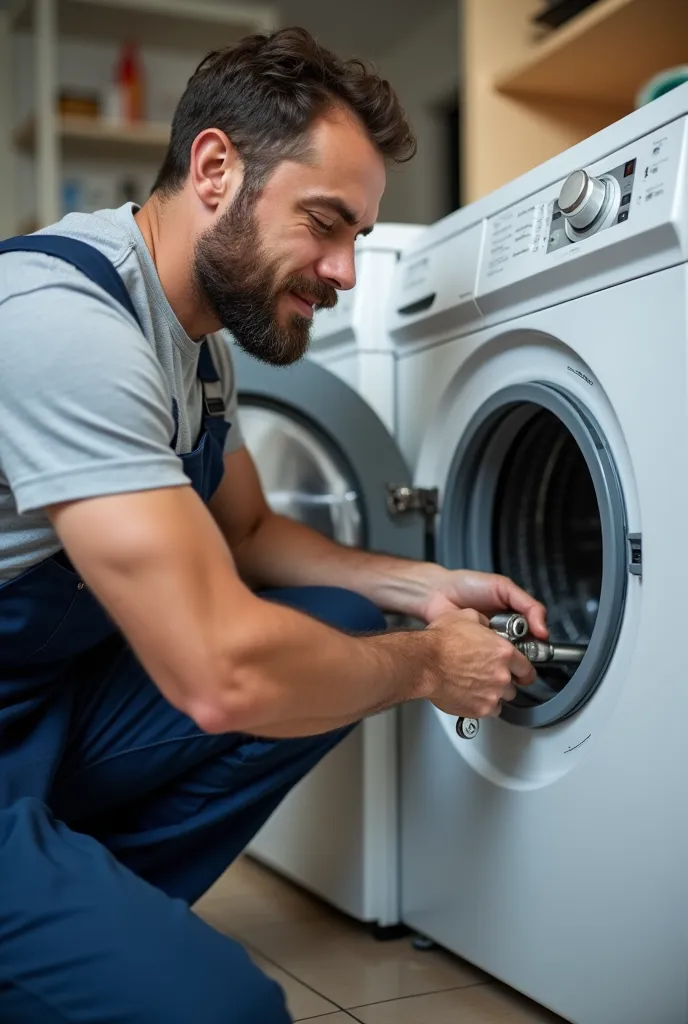  Image of a 35-year-old man , dressed in clean and functional work clothes, he is kneeling in front of a washing machine front loading in a laundry room. He is manipulating the connection of the drain hose, with a small visible water leak.  His expression ...