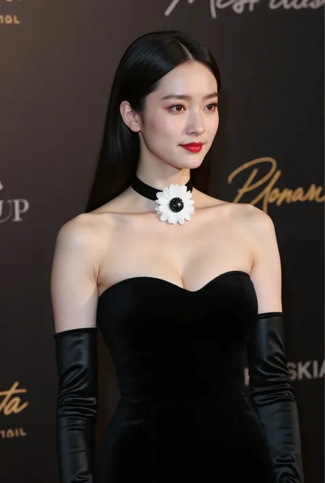 This is a high-resolution photograph of a young East Asian woman with long, straight black hair and a fair skin tone. She is dressed in a strapless, black gown with a sweetheart neckline that accentuates her collarbone and cleavage. The dress is made of a ...