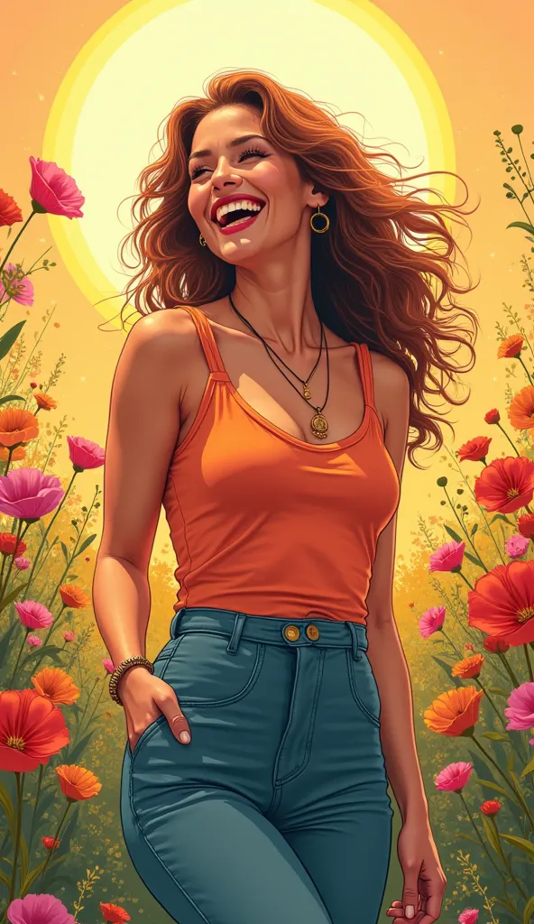 Create a comic book-style image of a stunning woman radiating happiness and confidence. She wears stylish yet casual clothing, such as a fashionable top with well-fitted pants or a charming dress, naturally enhancing her beauty and grace. Her face expresse...