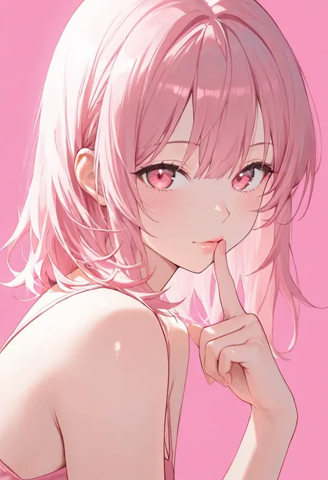 score_9, score_8_up, score_7_up,source_anime, high res image,masterpiece,best quality,girl,cute face,clear skin,pink medium hair,blushes,finger on lips,