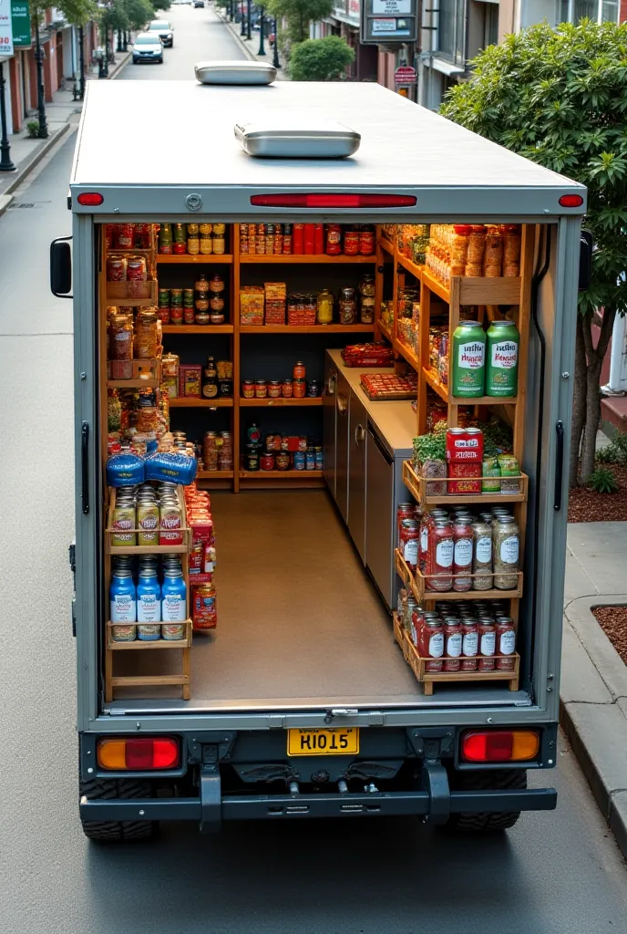 Truck converted into a supermarket with shelves, shelves and a small refrigerator seen from above