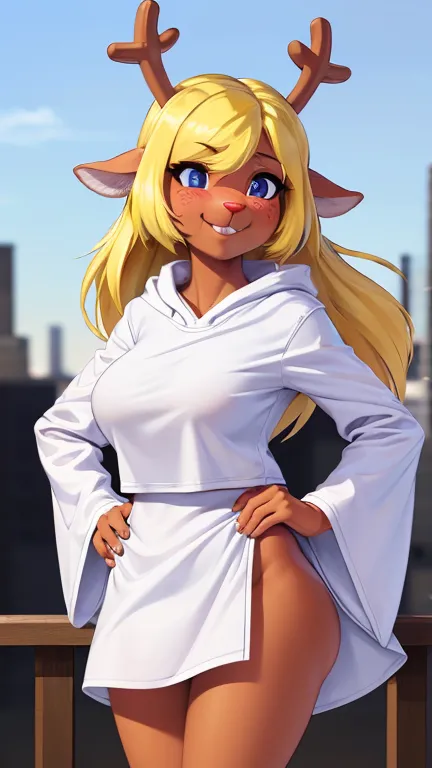 (noelle, furry female anthro, blonde hair, deer girl, red deer nose, white eyes, white pupils, white robe, hooded robe, big breasts, midriff), hands on hips, green neon city, smiling, three-quarter view, blushing