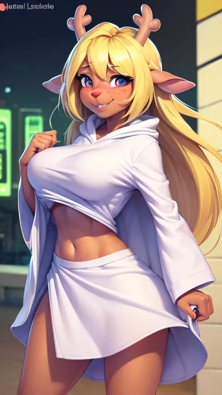 (noelle, furry female anthro, blonde hair, deer girl, red deer nose, white eyes, white pupils, white robe, hooded robe, big breasts, midriff), hands on hips, green neon city, smiling, three-quarter view, blushing