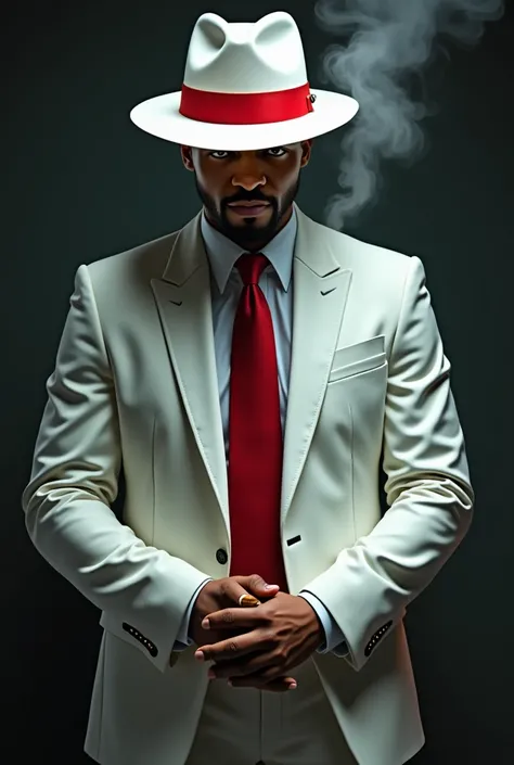 A black man smoking in a white hat with a red stripe, wearing a white suit and a red tie