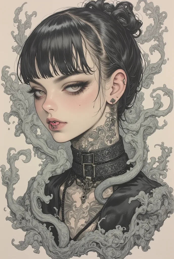 There is an ink painting of a woman who looks like a snake , snake tattoo on neck ,Ink Manga, manga drawn in ink  , Sumi painting on paper , mixed style of sumi painting and manga, Sumi-e style,   Ink Artwork  ,Fountain Pen Ink Manga, Ink drawing,Painted w...