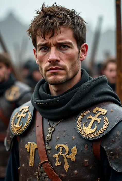 Medieval soldier looking 30 years old. Brown hair and short size. brown eyes, expensive skin, somewhat rounded face. On the clothes a coat of arms written TPBR. brave facial expression.