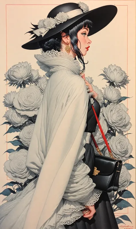 1girl, hinata_hyuga, wide-brim_hat, red_dress, black_draped_sleeves, large_red_flowers, vintage_style, elegant_pose, holding_purse, faceless, gold_border, decorative_art, stylized_illustration, high_detail, intricate_design, (color Pencil_Sketch:1.2, messy...