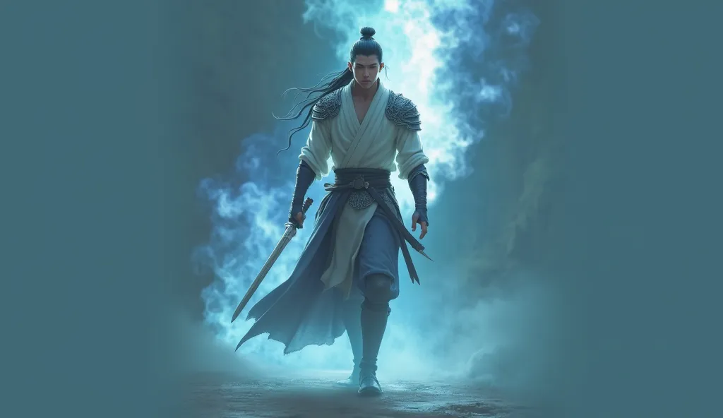 A man, a roaring warrior, with a blue aura behind him, Korean, East Asian, 25 years old, close-up shot holding a sword in flames, handsome and noble appearance, Demon Slayer-style art, image of an adult male warrior, a very beautiful cyberpunk samurai, art...