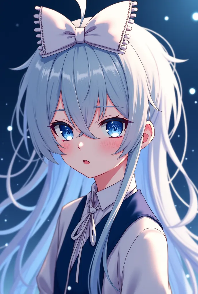 Anime boy character, white hair, long hair,  straight hair, bow with fringe, beautiful, Starry blue eyes,  White Eyelashes , design,  Japanese anime .