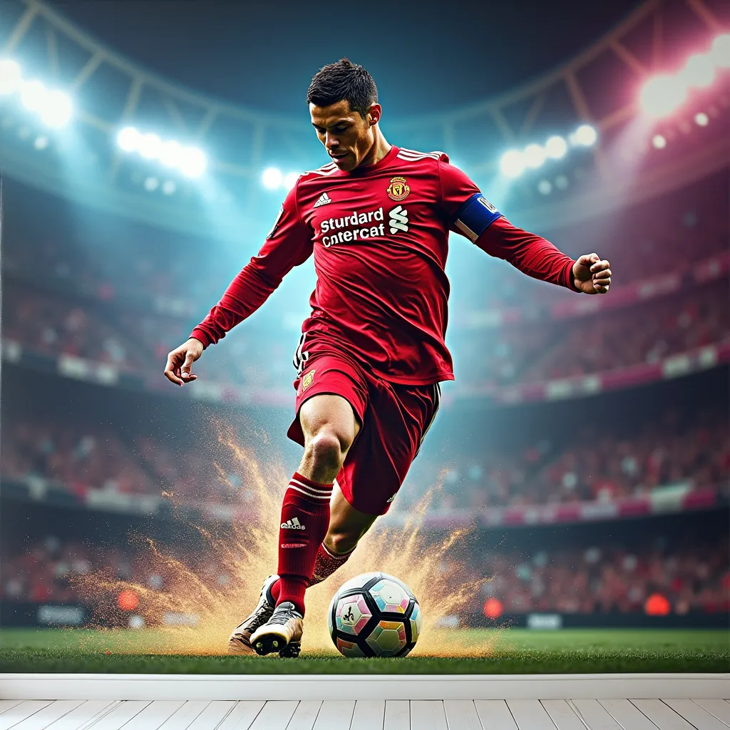 "A large, dynamic wall mural of Cristiano Ronaldo in an epic pose. He is wearing his classic football jersey, mid-action, either celebrating a goal or striking the ball. The background features a blend of stadium lights, abstract energy effects, and vibran...