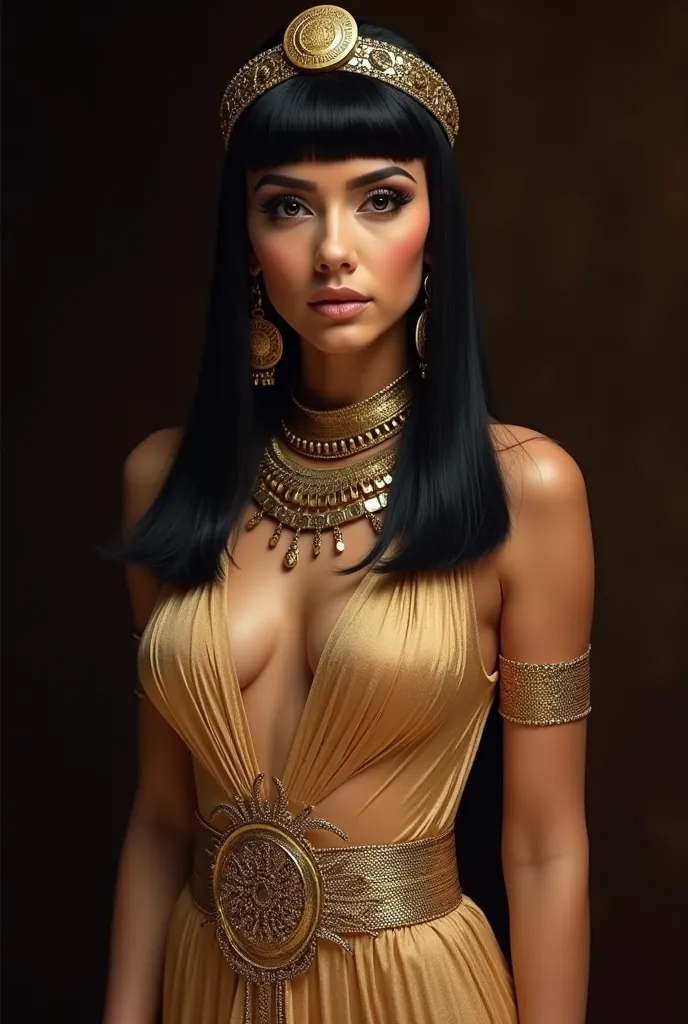 "Queen Cleopatra with Egyptian look,  intense look and dramatic makeup with gold details.  wears a tiara with coins and chains ,  in addition to a metallic serpent-shaped necklace .  Straight black hair with fringe .  Dark background highlights the golden ...