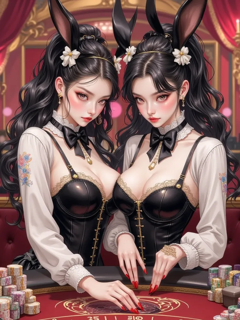  There are 2 bunny girls in front of the baccarat table ,Long hair and short hair with random colors ,  shoulder bodysuit （ Corset-like to support the figure with bones and wires), Bunny ears headband, round tail decoration ,  collar with bow tie ,  fishne...