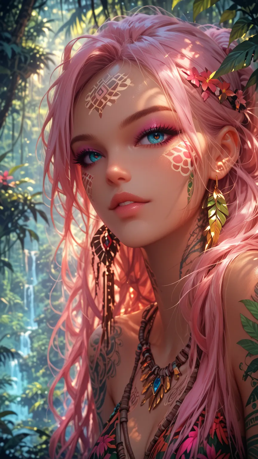 Aboriginal Girl, Lives in the Jungle, Beautiful Animal Skin Outfit, Fits her body shape, Bare Arms with Different Tattoos, Making his way through the dense jungle, Very Beautiful and Picturesque Painting, Game of Shadows, bright colors, masterpiece, Maximu...