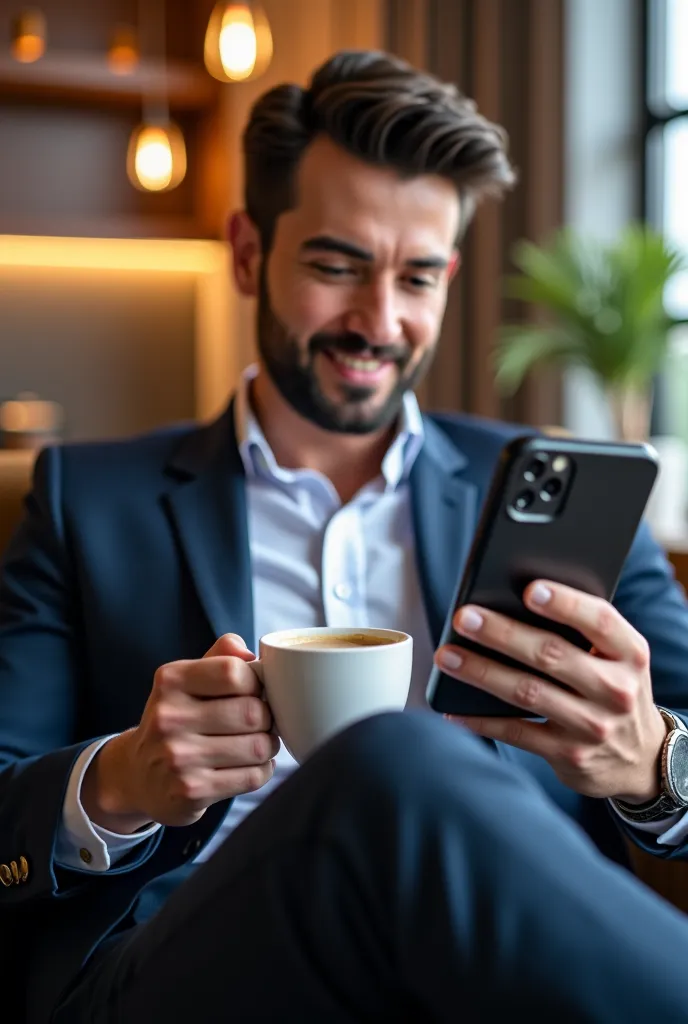 Same character looking relaxed, sipping coffee while seeing notifications of new leads, sales and engagement on his phone