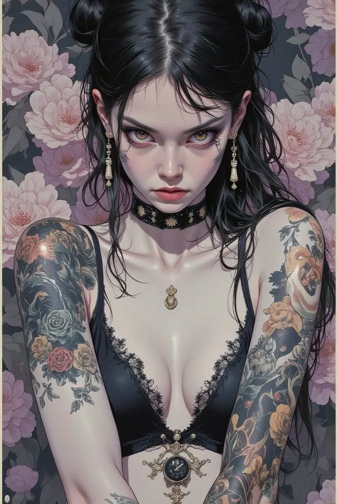  I have a picture of a woman in underwear with a tattoo on her arm,  FEMININE GOTHIC AESTHETICS  , Close up details, Detail shot,  clear details,  ARTY LOVE BLOW STYLE , Silkscreen Art,  close-up pictures , EXTRA FINE INK DETAILS ,  SILKSCREEN PRINT ,  ver...