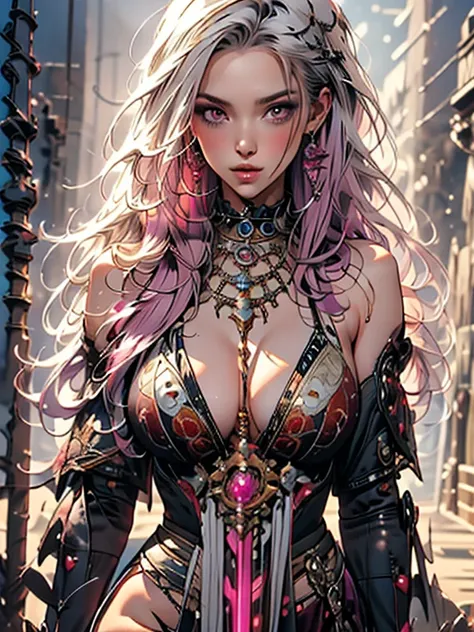 A hyperrealistic splash art of a nude female fantasy character with medium breasts. The medium character has long wavy pink and purple hair. She has big expressive eyes and wears a necklace. The nude character is lying on the beach, sexy pose, ejaculating ...