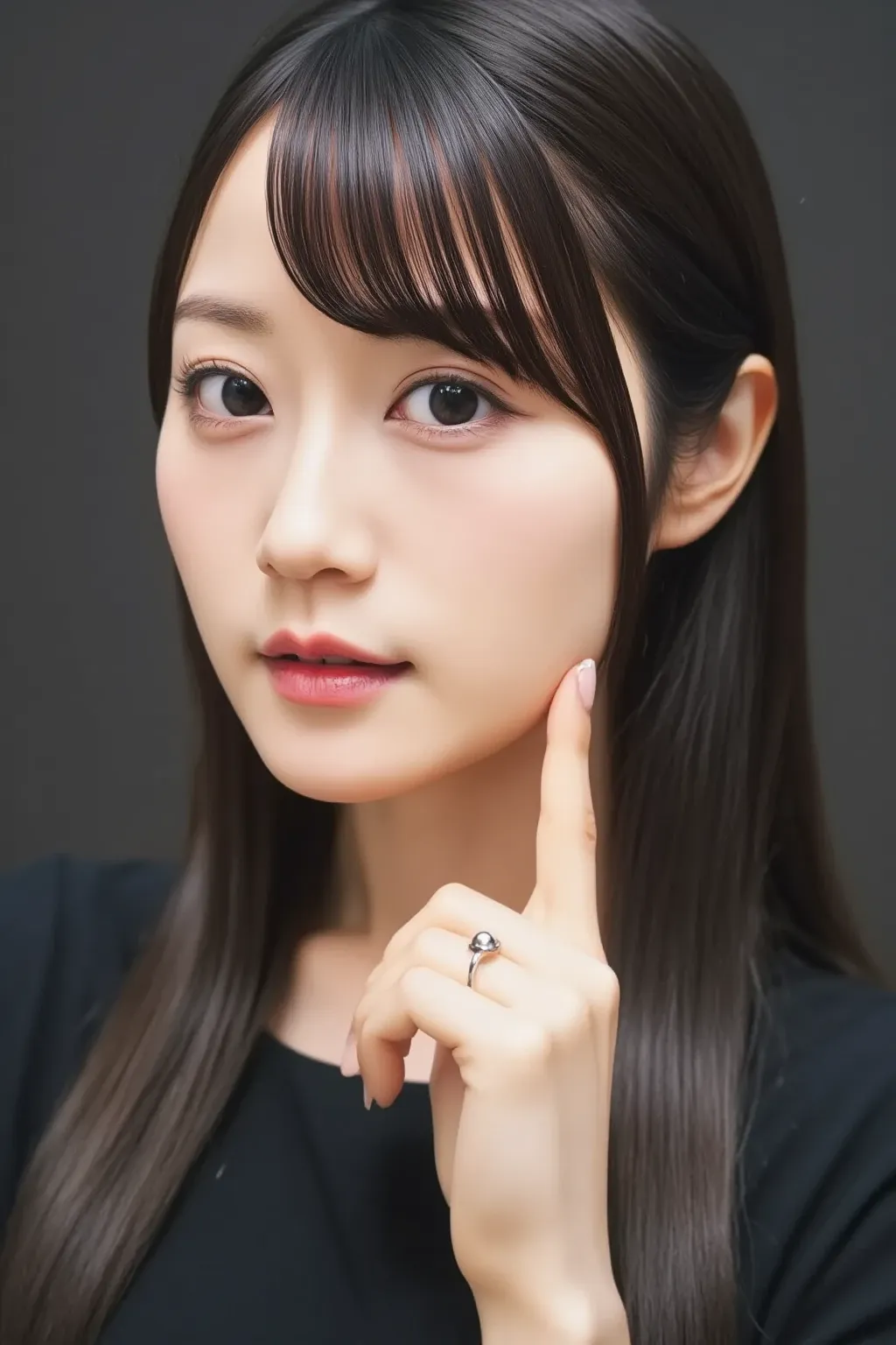 。Fair skin and long  ,straight dark hair, Simple Style ,Elegant attitude.  she has a slender face、has delicate features ,Her eyebrows are also arched, almond-shaped eyes,And small noses .  looks like she's saying something , she is calm ,calm expression. S...