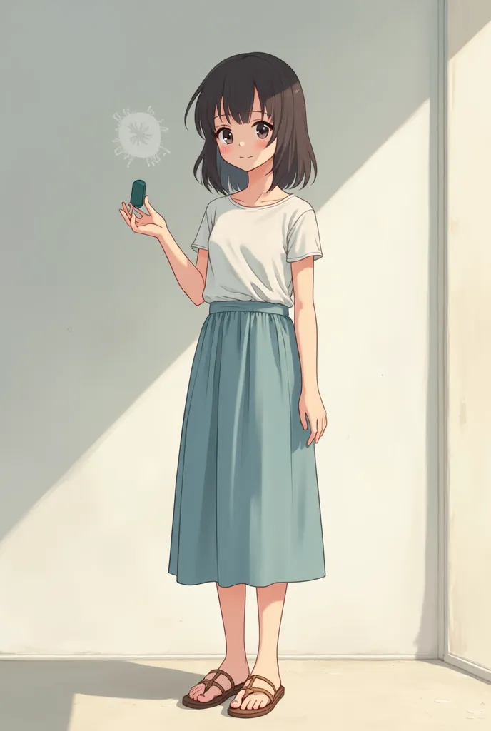 a girl with Flat T-Strap Sandals anime style with a pill in hand 24 ages