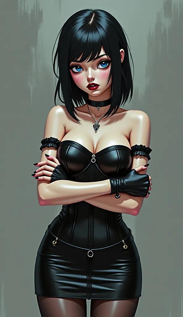 . The slender girl stands,  with her arms crossed . She has loose black hair, reaching to the shoulders, blue eyes and pale skin, and her lips were painted with dark red lipstick. } The girl was wearing a short black off-the-shoulder dress and a leather ch...