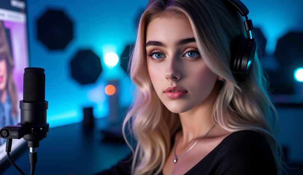 A hyper-realistic 8K extreme close-up portrait of a beautiful Slavic woman with striking blue eyes and long, wavy blonde hair softly framing her face. The shot is intimate and detailed, capturing her from just below the shoulders up, with a strong focus on...