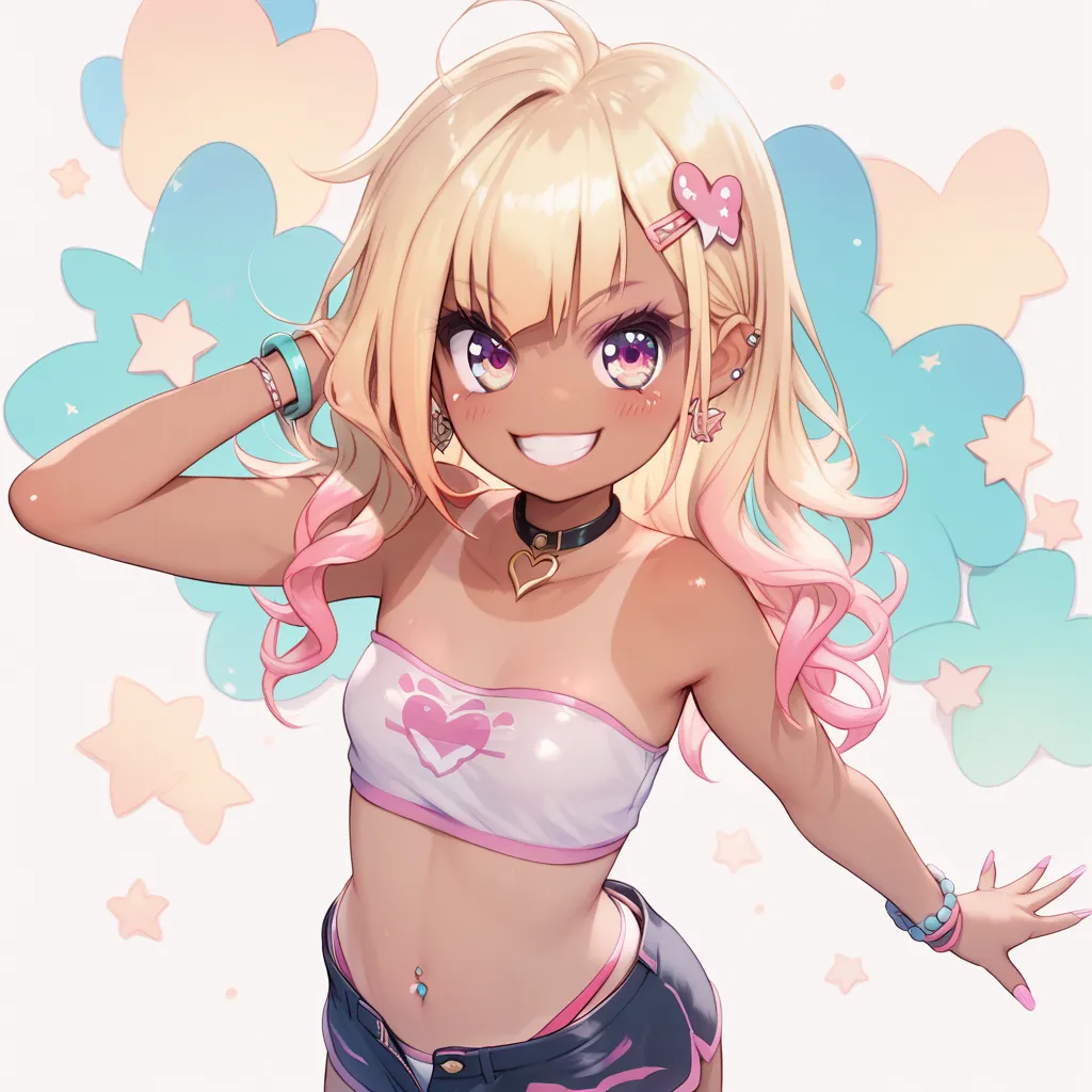 By mantis-x, (gyaru), young girl, tight small hotpants, small breasts, playful smile, blonde hair, ((tanned skin)), solo, midriff, tube top,