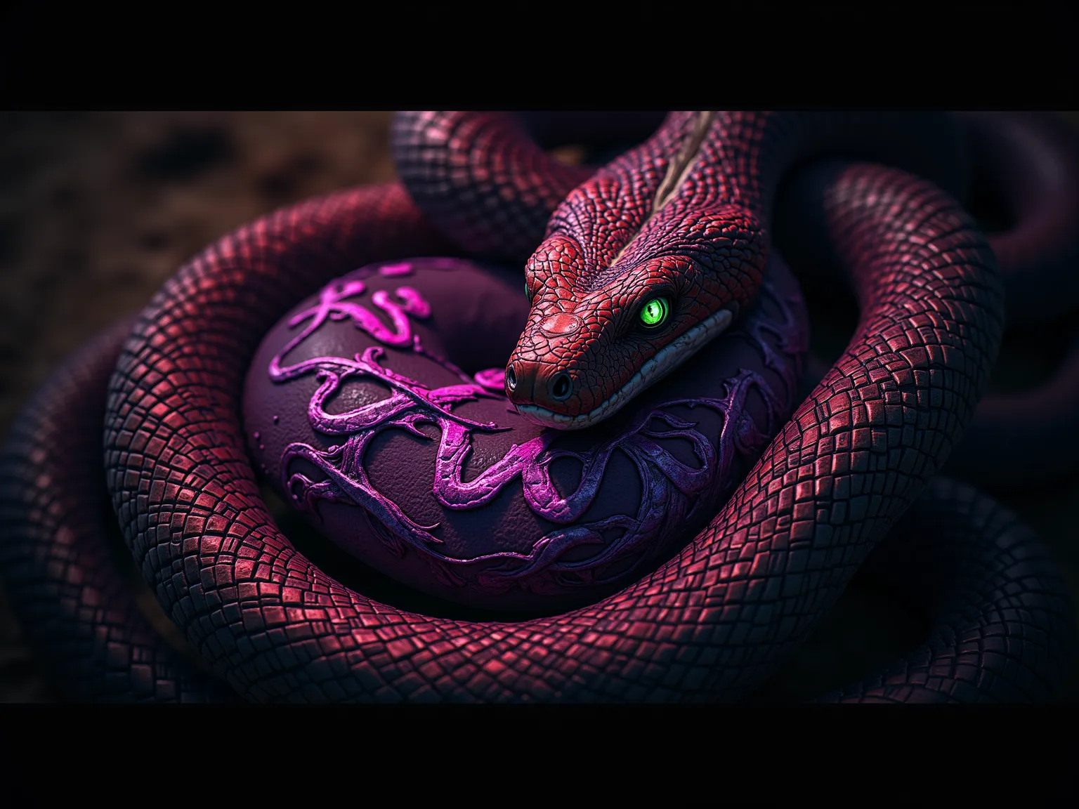 A red purple snake with green eyes wraps around  of a green "
$TIFF
" inscription in a catchy font  ultra-detailed, 8K, high resolution, photorealistic, cinematic lighting, moody atmosphere , unreal engine 5 